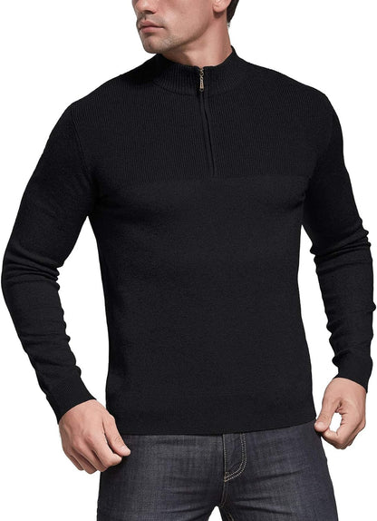 Mens Slim Fit Zip up Mock Neck Polo Sweater Casual Long Sleeve Sweater and Pullover Sweaters with Ribbing Edge