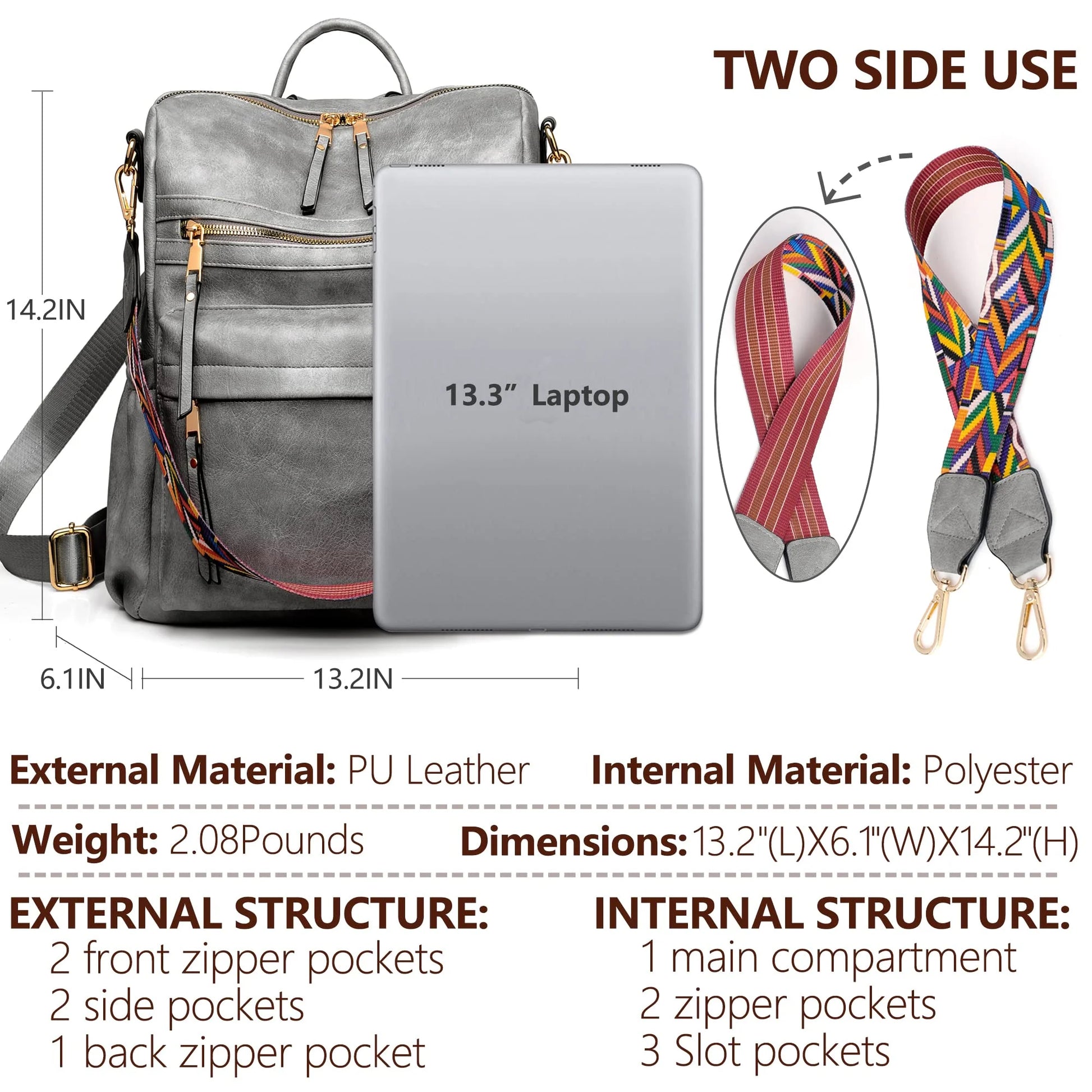 Backpack Purse for Women Girls PU Leathe Book Bags Convertible Travel College Shoulder Bags，Grey