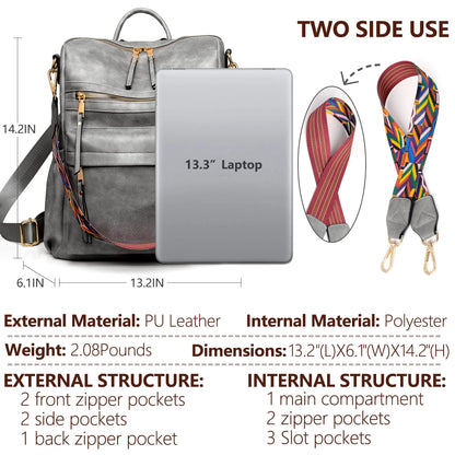 Backpack Purse for Women Girls PU Leathe Book Bags Convertible Travel College Shoulder Bags，Grey