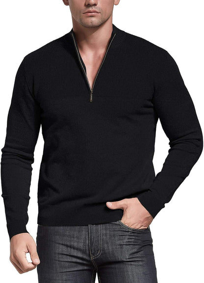 Mens Slim Fit Zip up Mock Neck Polo Sweater Casual Long Sleeve Sweater and Pullover Sweaters with Ribbing Edge