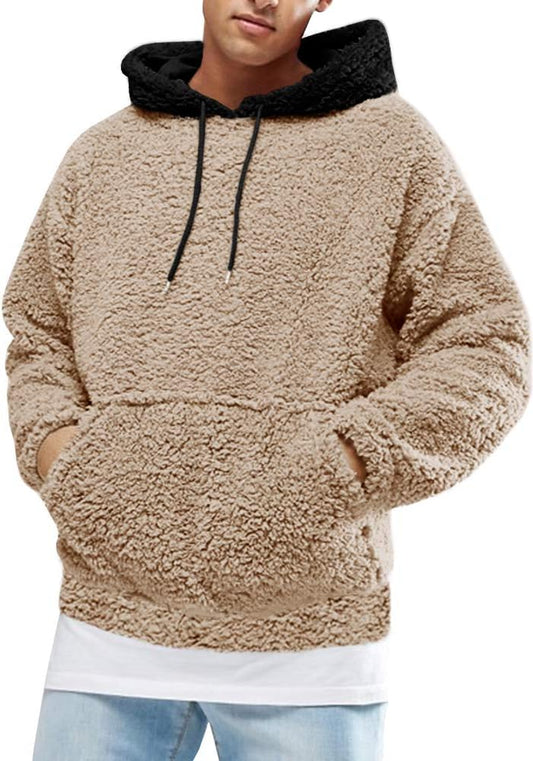 Mens Fuzzy Sherpa Pullover Hoodie Sweatshirts Long Sleeve Sport Front Pocket Military Fall Outwear Winter Hooded